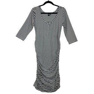 Nom Black White Striped Maternity Dress Ruched 3/4 Sleeves Midi Women's Size L